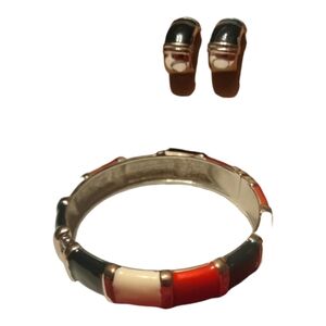 Red White and Blue Enamel Clamper Hinged Bracelet with matching earrings Vintage